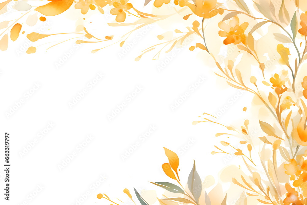 a watercolor painting of yellow flowers on a white background. Abstract Amber color foliage background with negative space for copy.