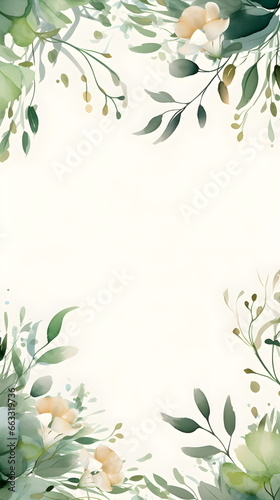 a white background with green leaves and flowers. Abstract Green foliage background with negative space for copy.