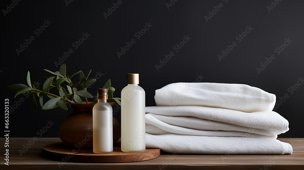 Elegant Beauty Bottles of Cream on Black Wall Background with Green Leaves, Brown Pot Floor, and a Stack of Towels