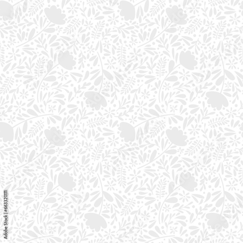 White floral texture, seamless vector pattern, lace inspired background with leaves and flovers