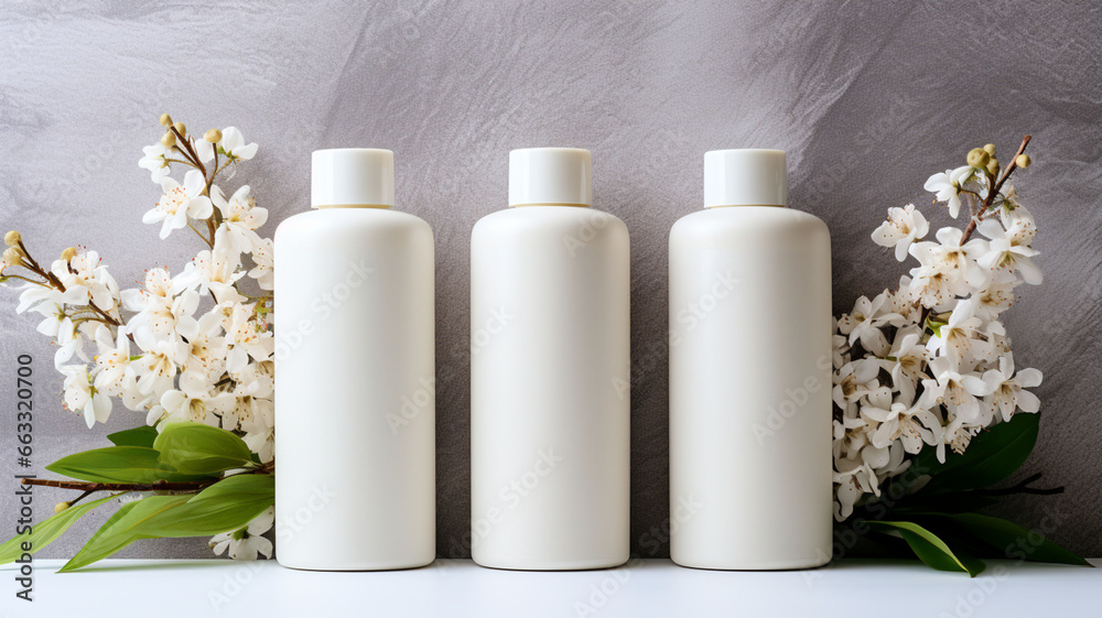 Pure White Serenity: Top View of White Blank Beauty Bottles of Cream on Elegant White Wall Background Surrounded by White Flowers Pure White Serenity: Top View of White Blank Beauty Bottles of Cream on Elegant White Wall Background Surrounded by White Flowers