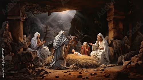 Nativity scenes depicting the birth of Jesus. Religious celebration, profound connection, spiritual essence, festive spirituality. Generated by AI