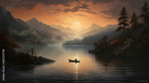 Tranquil fishing lake sunset painting with a lone fisherman