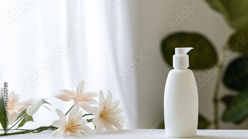 Enchanted Elegance: White Blank Beauty Pump Bottle of Cream and Blank Perfume Scent Bottle Standing on an Elegant White Curtain in a Lush Green Tree Background, Surrounded by White Flowers