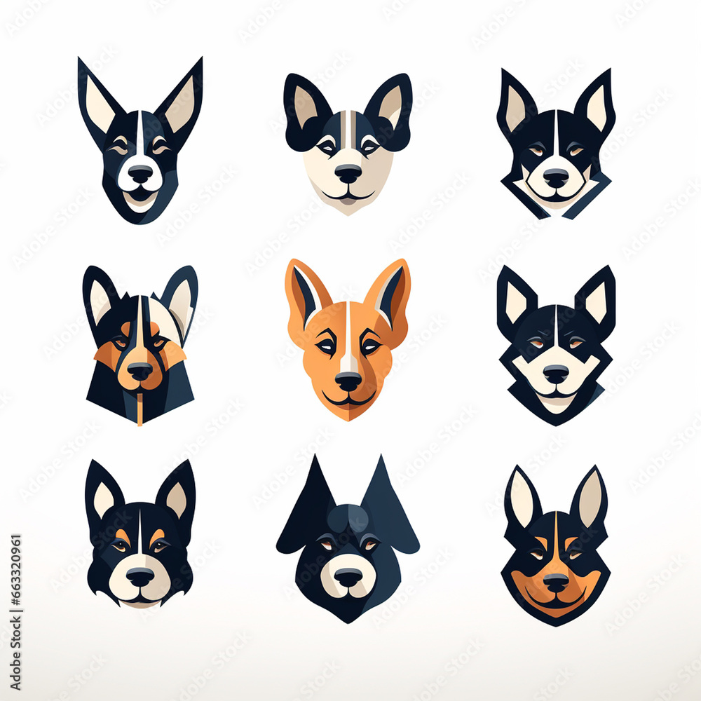 Set of dog heads. Different breeds of dogs. Vector illustration.