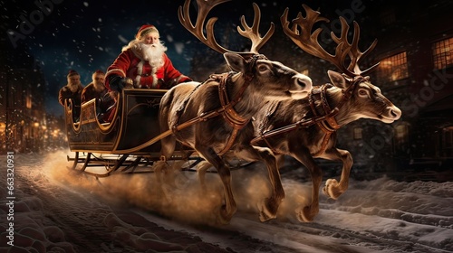Reindeer pulling Santa's sleigh through the night. Magical scene, heartwarming ambiance, Christmas joy, night's enchantment. Generated by AI