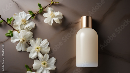 Serenity in Miniature: Top View of Small White Blank Beauty Bottle of Cream Resting on Elegant Brown Marble Background, Surrounded by White Flowers 