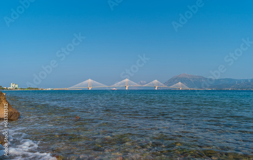 Patras  Greece. View of The Rio   Antirrio Bridge or the Charilaos Trikoupis Bridge on a summer day. Crossing gulf of Corinth.