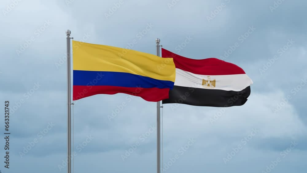 Egypt flag and Colombia flag waving together on cloudy sky, endless seamless loop, two country relations concept