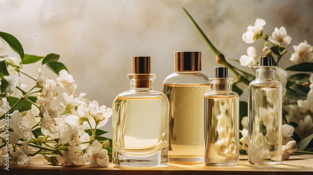 Elegance Unveiled: White Blank Beauty Pump Bottles of Cream and Perfume Scent Bottle Standing on an Elegant White Marble Background Surrounded by White Flowers Elegance Unveiled: White Blank Beauty Pump Bottles of Cream and Perfume Scent Bottle Standing on an Elegant White Marble Background Surrounded by White Flowers