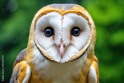 Beautiful barn owl eagle bird. Wildlife scene from forest. Banner with closeup fantasy portrait of wild tyto alba. Beautiful bird in autumn nature habitat. Wallpaper, beautiful fall background