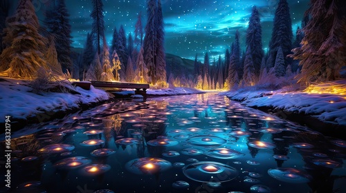 Magic of holiday lights reflected in icy ponds  shimmering beauty  and the joy of the festive season. Winter reflections  tranquil charm. Generated by AI