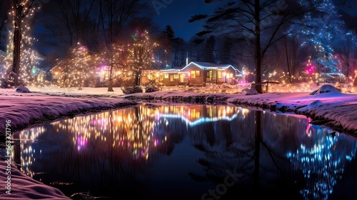 Magic of holiday lights reflected in icy ponds, a cherished moment that brings wonder, and the enchantment of the holiday season. Winter reflections, tranquil delight. Generated by AI