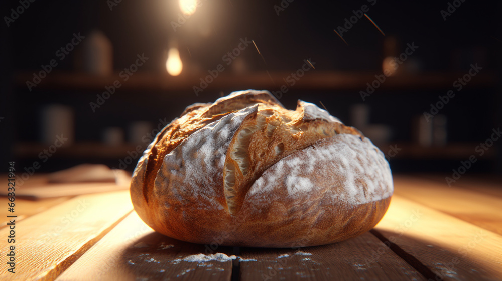 Pain, pain rond, pain campagnard posé sur une table en bois. Fond noir. Boulangerie, pâtisserie, nourriture. Pour conception et création graphique. - obrazy, fototapety, plakaty 