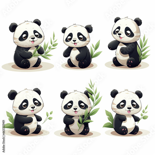 Cute panda cartoon character set with green leaves. Vector illustration © Love