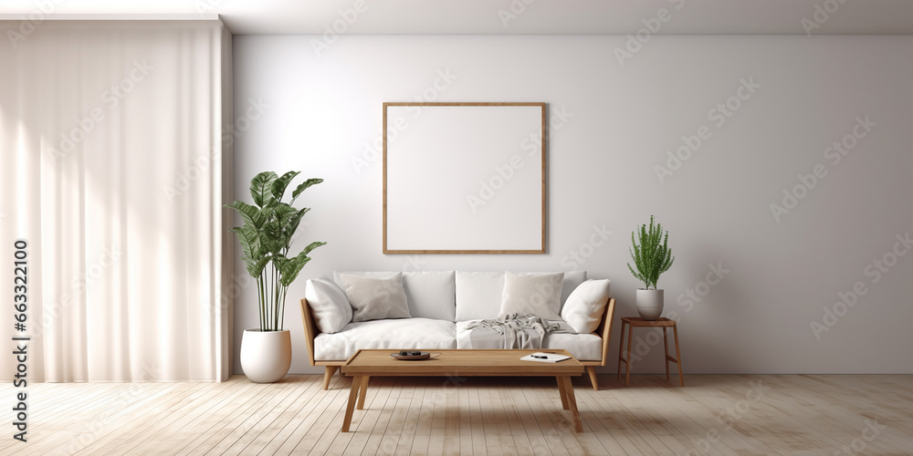Fototapeta premium Modern minimal scandinavian style living room with white wall and wooden floor, and wooden long sofa and minimal wooden coffee table, interior plant and empty large picture frame.