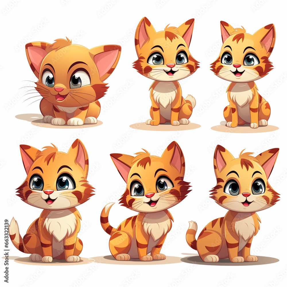 Cute cat cartoon character with different facial expressions. Vector illustration.