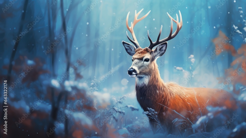 Fototapeta premium Red deer stag in winter forest. Noble deer male. Banner with beautiful animal in the nature habitat. Wildlife scene from the wild nature landscape. Wallpaper, Christmas background