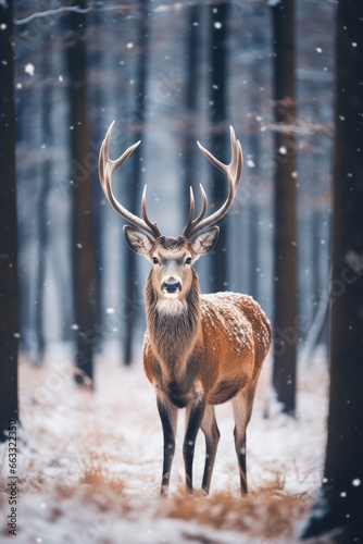 Red deer stag in winter forest. Noble deer male. Banner with beautiful animal in the nature habitat. Wildlife scene from the wild nature landscape. Wallpaper, Christmas background © ratatosk