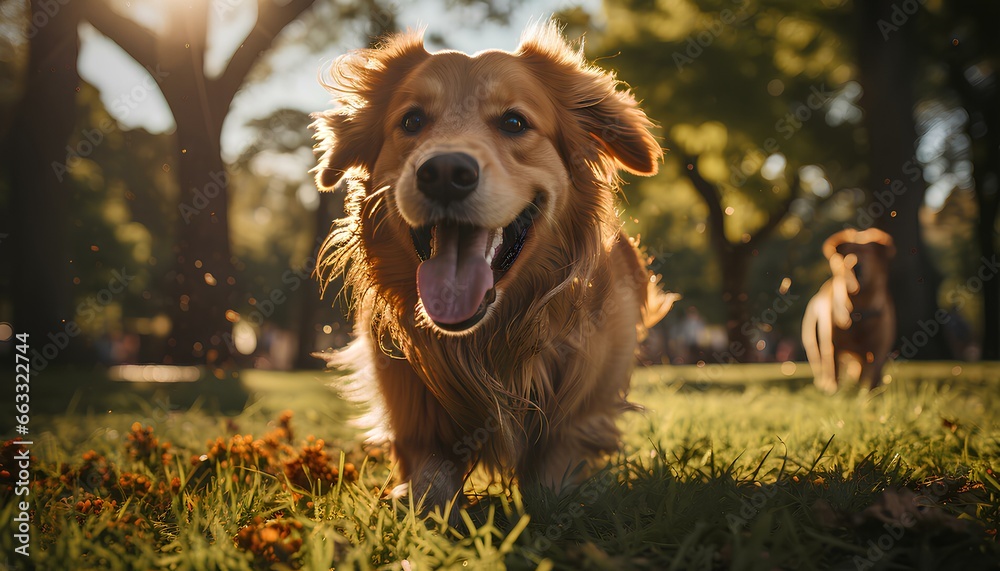 golden retriever dog. dog running in the park. Dog playing catch with his owner in the park. Dog running towards the camera. Happy dog with tongue out having fun in the nature. Man's best friend