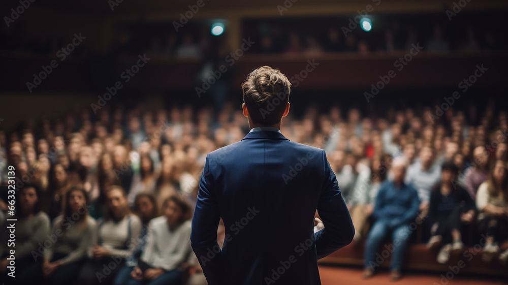 speaker in front of the audience back view, debate, male lecturer speaking in front of a hall of people, the concept of public speaking abstract fictional speaker in front of the audience back view, debate, male lecturer speaking in front of a hall of people, the concept of public speaking abstract fictional