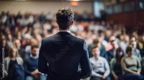 speaker in front of the audience back view, debate, male lecturer speaking in front of a hall of people, the concept of public speaking abstract fictional