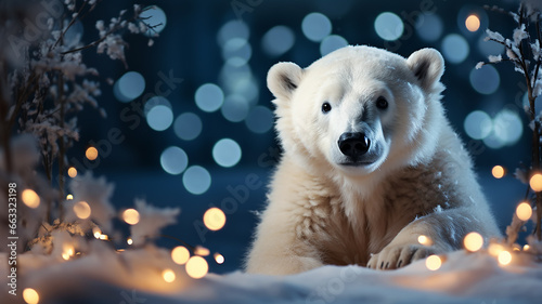 polar bear on Christmas background with lights and blurred bokeh, happy new year letterhead with copy space