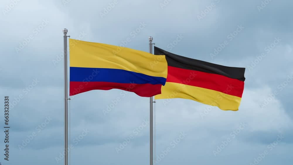 Germany flag and Colombia flag waving together on cloudy sky, endless seamless loop, two country relations concept Germany flag and Colombia flag waving together on cloudy sky, endless seamless loop, two country relations concept