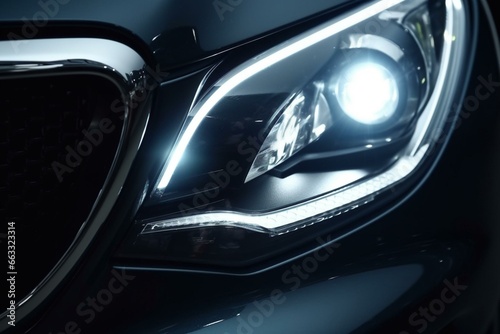 Closeup of car headlight. LED or xenon lamp. Macro view. Generative AI © Briseis