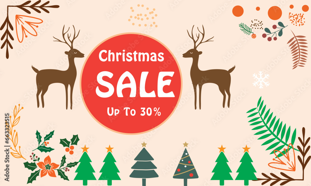 Merry Christmas sale banner template. Merry Christmas sale promotion poster banner with product display and festive decoration  background with x mas tree, deer, leave, snow
