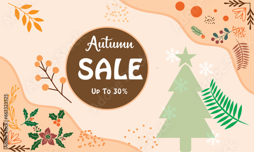 Merry Christmas sale banner template. Merry Christmas sale promotion poster banner with product display and festive decoration  background with x mas tree, deer, leave, snow
