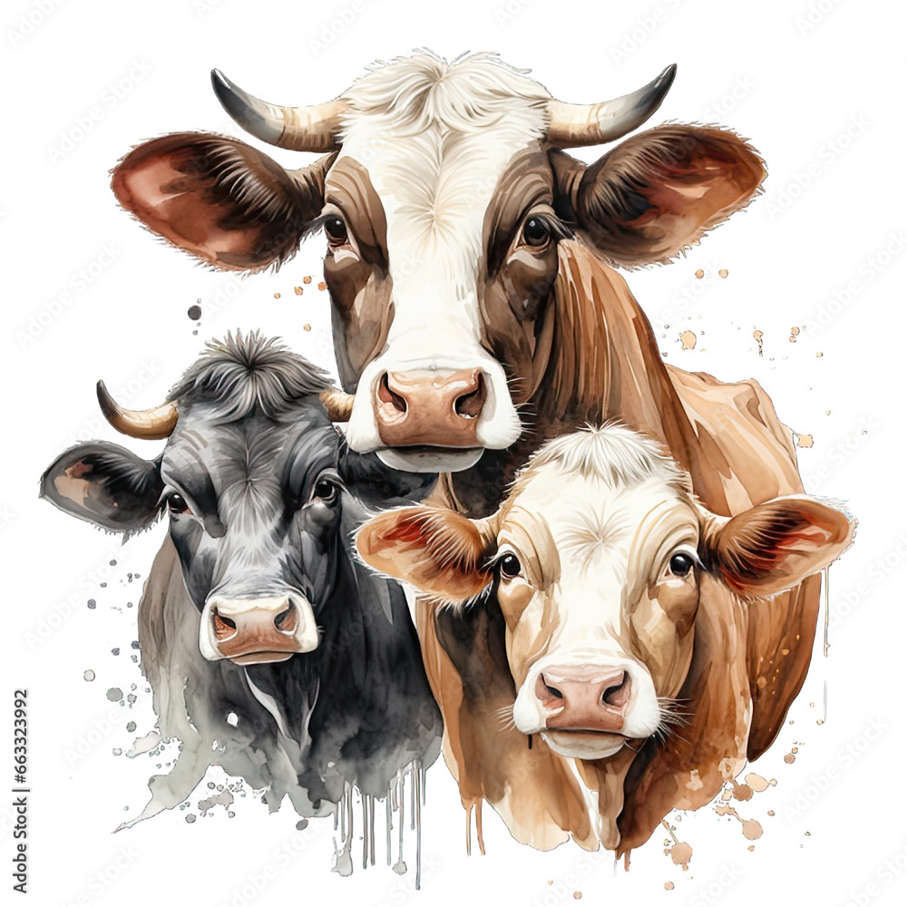 Three Cute Brahman Cow Watercolor Png Graphic
