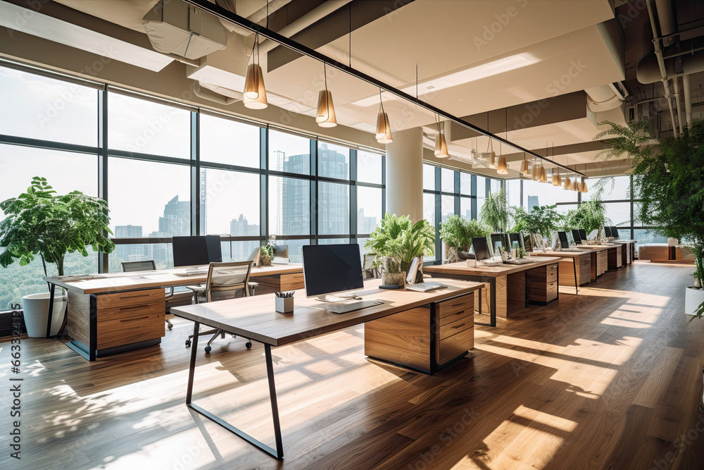 Fototapeta premium Modern open light office with wood floor plants desks computers