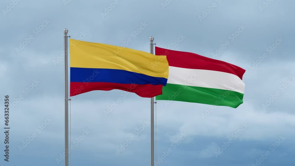 Hungary flag and Colombia flag waving together on cloudy sky, endless seamless loop, two country relations concept Hungary flag and Colombia flag waving together on cloudy sky, endless seamless loop, two country relations concept