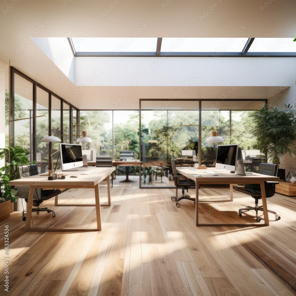 Modern open light office with wood floor plants desks computers