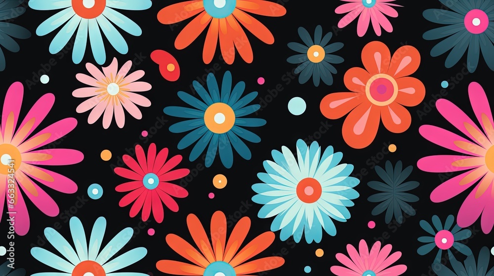  a black background with a bunch of colorful flowers on it.  generative ai