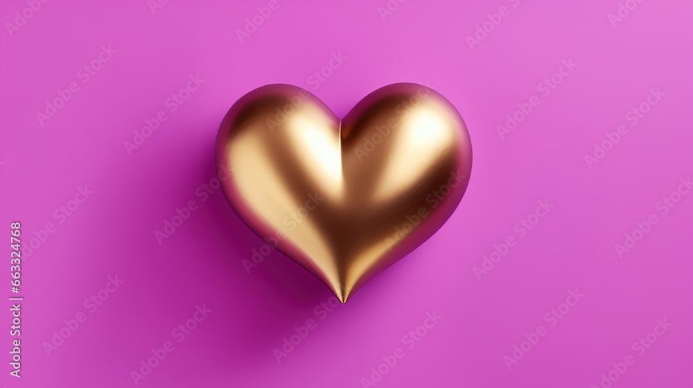  a shiny gold heart on a pink background with a shadow.  generative ai