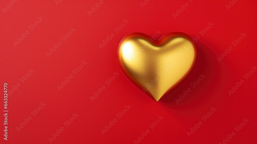  a gold heart on a red background with a shadow on the wall.  generative ai