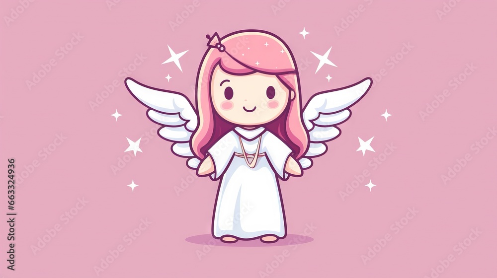  a cartoon character with pink hair and angel wings on a pink background.  generative ai