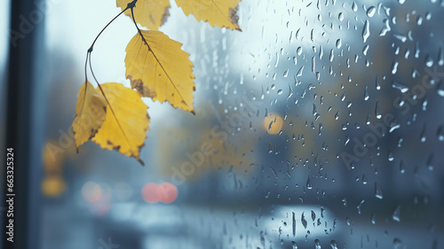 yellow wet leaf on an autumn window in the rain, a background with copy space, an abstract view from the window in October