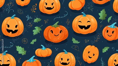  a group of pumpkins with faces and leaves on a blue background. generative ai