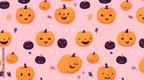  a pattern of pumpkins with faces on a pink background. generative ai