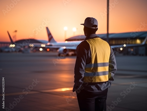 Airport worker stand at airplane and airport background near terminal . Aircrew, occupation concept
