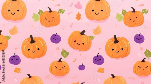  a pattern of pumpkins with faces on a pink background. generative ai