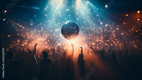 abstract background disco nightclub mirror disco ball with rays of light  silhouette of a crowd of people in the spotlight  and a musical performance  fictional