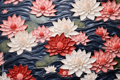 Water lilies on a textile pattern resembling Japanese tenugui on a brick report. Generative AI photo
