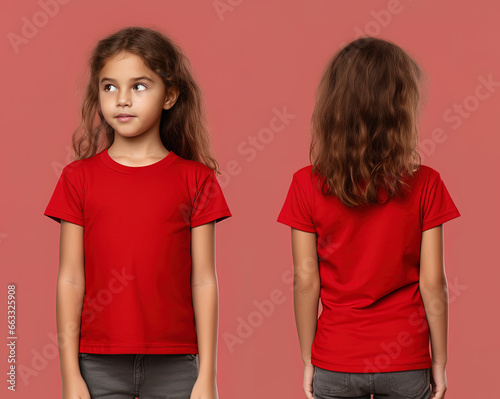 Front and back views of a little girl wearing a red T-shirt