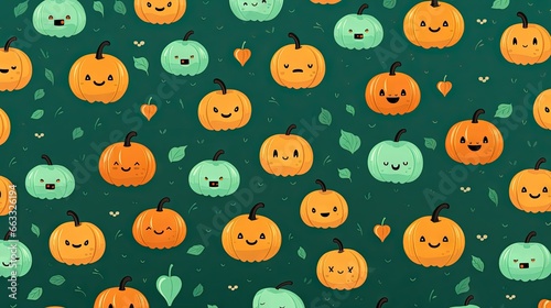  a group of pumpkins with faces on them on a green background. generative ai