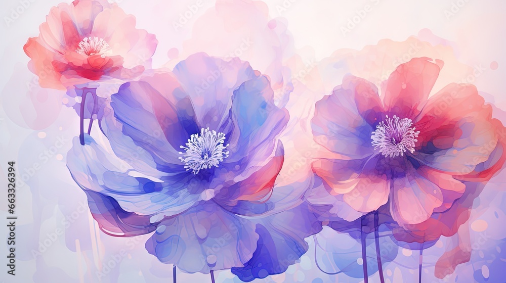  three large flowers with a blue center and pink petals in the middle.  generative ai