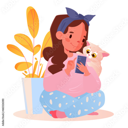 Cartoon vecor character little girl with phone in hand, child using gadgets, distance learning, early development, or the problem of social media addiction, online learning. 